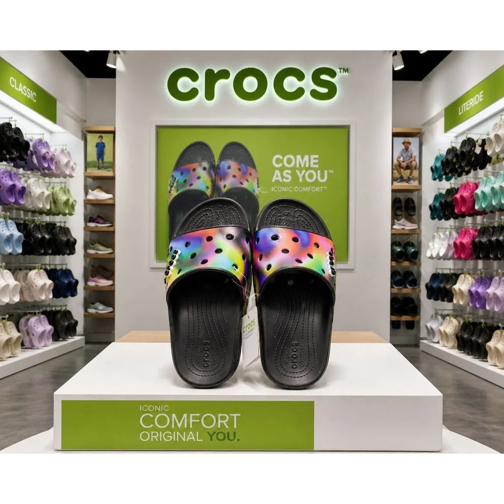 Crocs‎ Classic Slide Multi Heat Wave Black Multi Color Sandals Mens 12 NEW